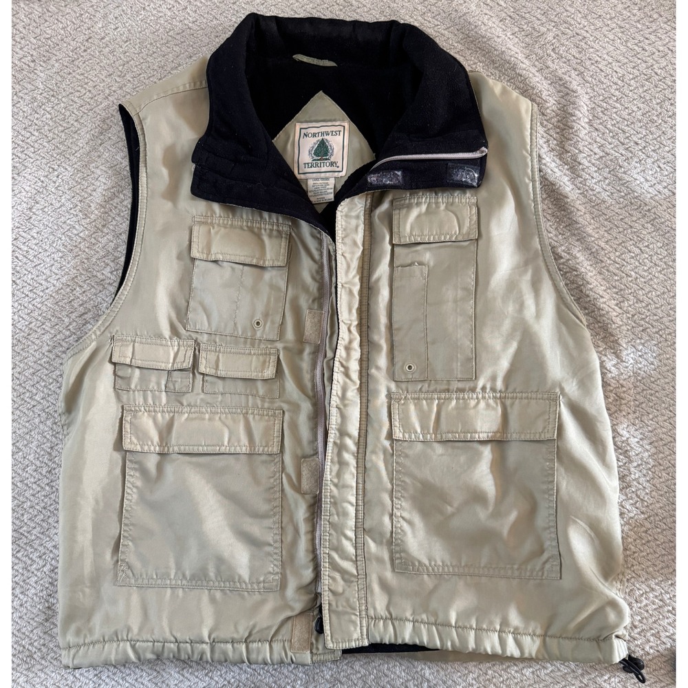 Northwest Territory Mens Large Khaki Utility Fishing Cargo Vest Fleece Lined Tan